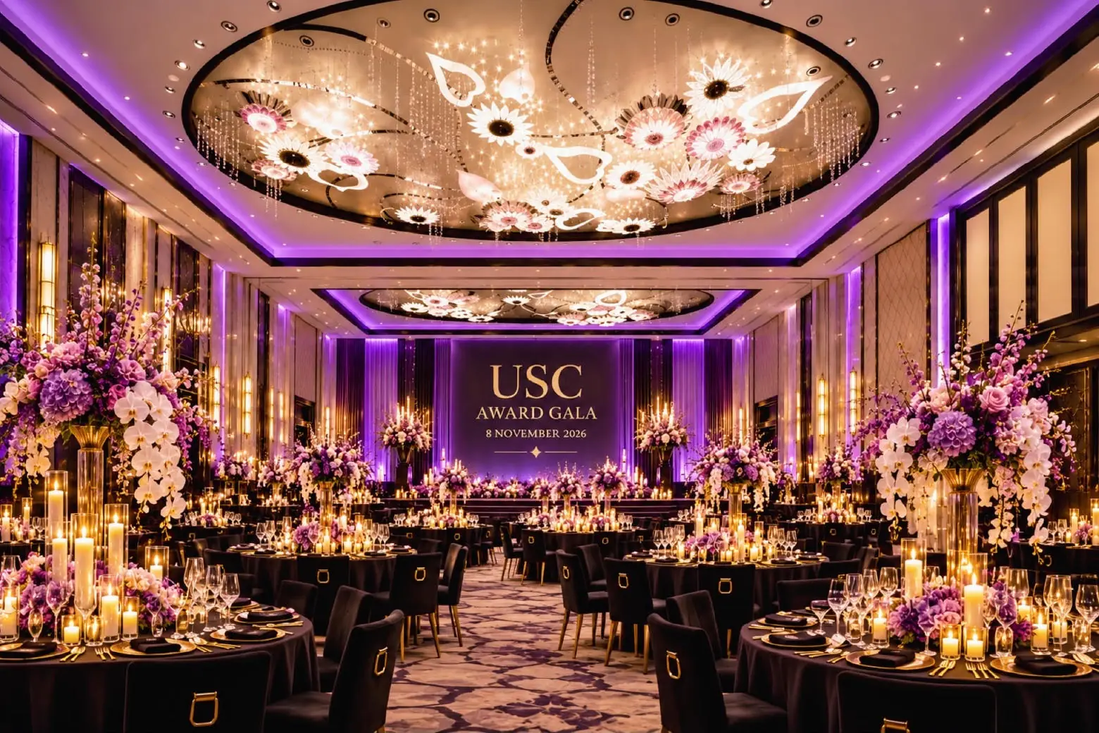 Vue d’artiste d’une salle de bal dressée pour le dîner, tables rondes aux bougies et fleurs violettes et blanches sous un lustre en forme de fleurs, et USC Award Gala, 8 November 2026 sur l’écran de la scène