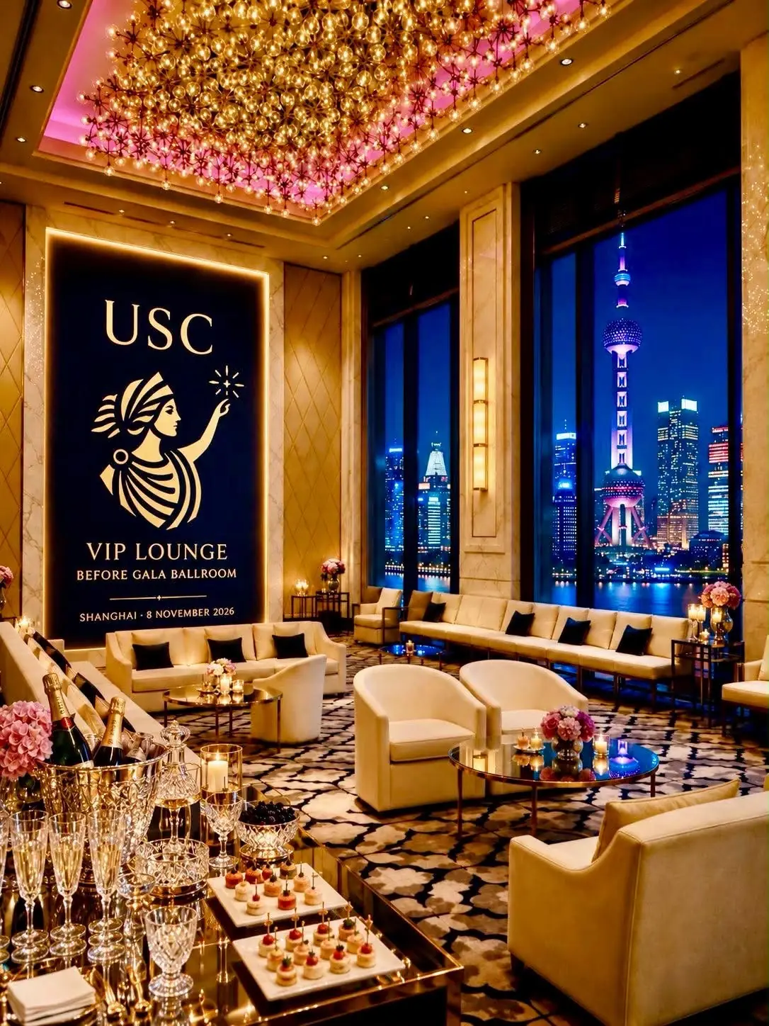 Vue d’artiste d’un salon aux canapés crème, champagne et canapés, la marque de l’USC sur un grand écran annonçant le salon VIP avant la salle de gala, et la tour de la Perle de l’Orient par les fenêtres, de nuit