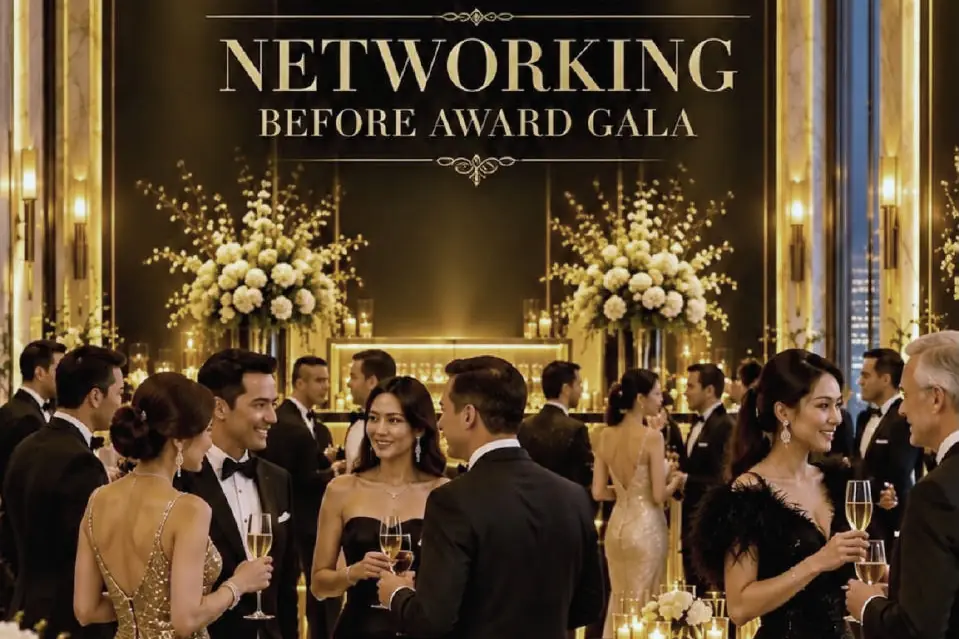 Vue d’artiste d’invités en tenue de soirée qui conversent autour d’une coupe de champagne, près de hauts bouquets de fleurs blanches, sous une enseigne dorée portant les mots Networking before Award Gala