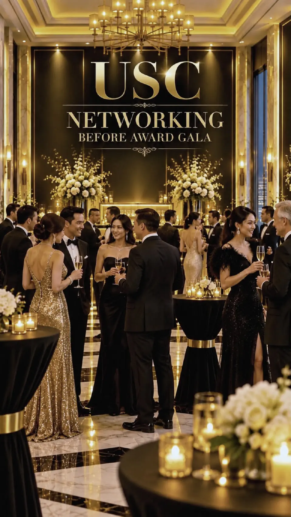 Vue d’artiste d’invités en tenue de soirée, une coupe de champagne à la main, autour de hautes tables éclairées de bougies, sous un lustre et une enseigne dorée portant les mots USC Networking before Award Gala
