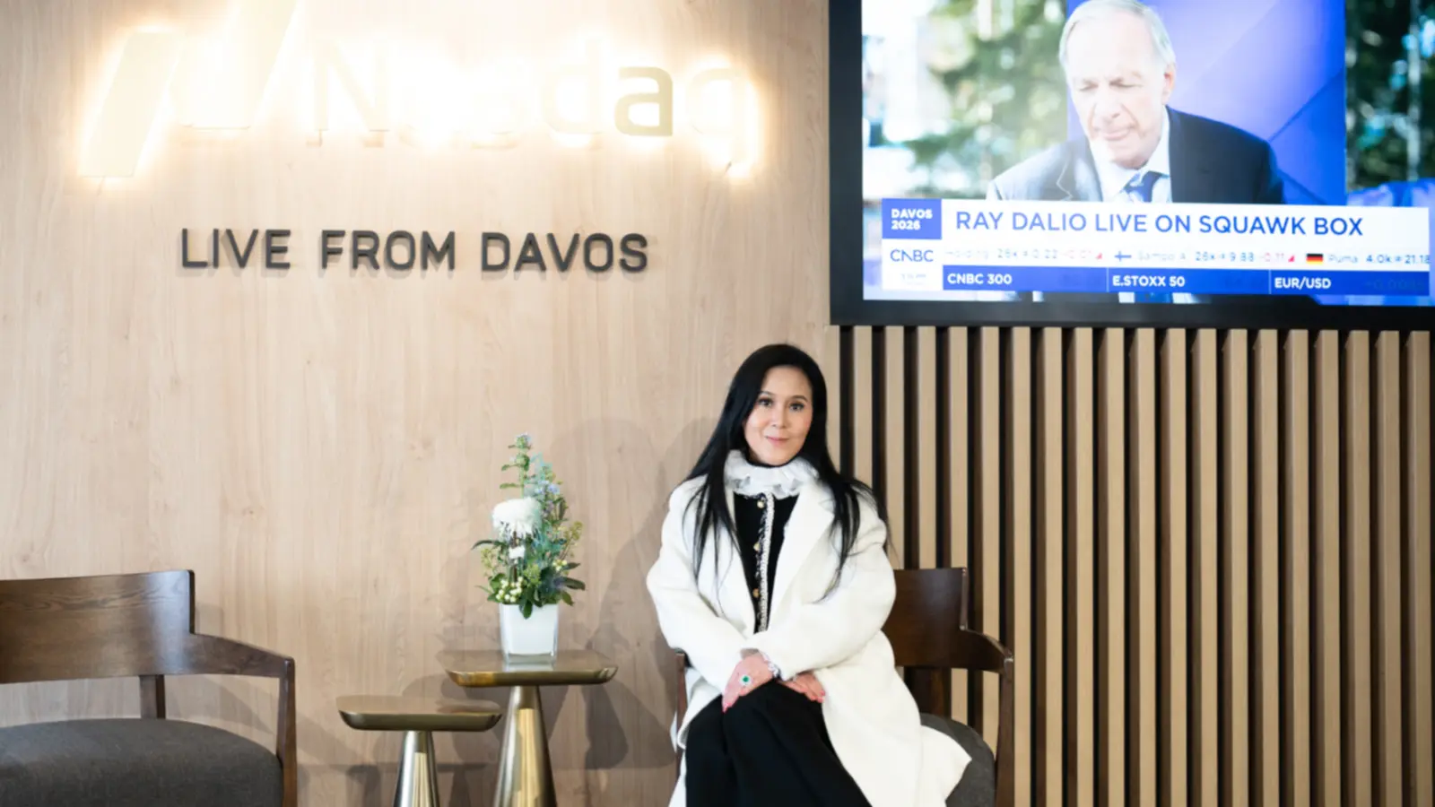 Jessica Chaijaya seated in the Nasdaq Live from Davos studio during the World Economic Forum 2026