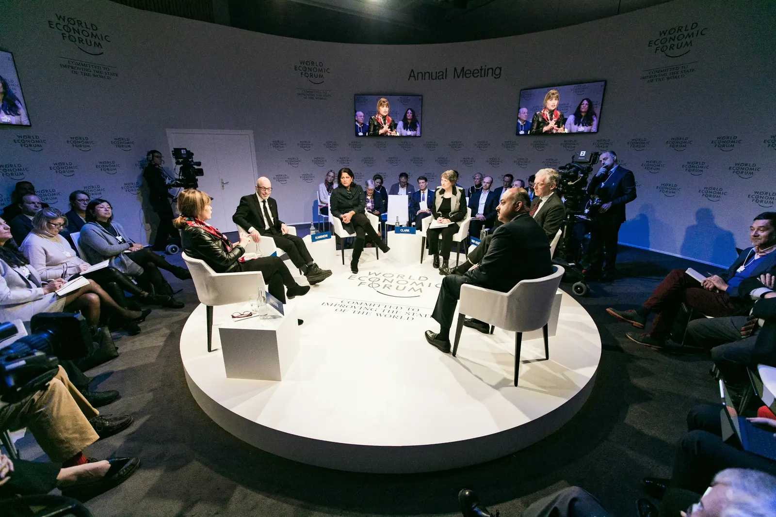 A panel discussion in front of an audience at the World Economic Forum Annual Meeting in Davos