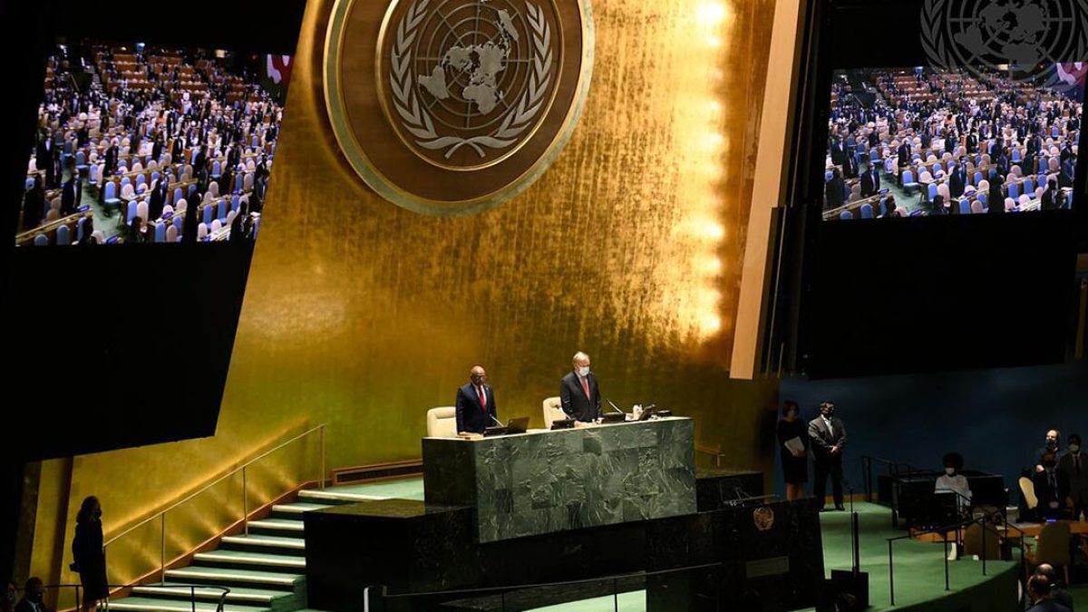 Diplomatic leader delivering policy address at UNGA plenary session