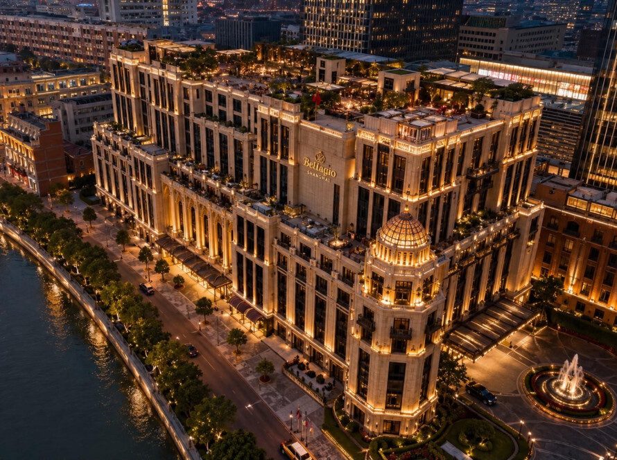 Aerial night view of Bellagio by MGM Shanghai on the North Bund, venue of the USC 2026 Charity Gala Dinner