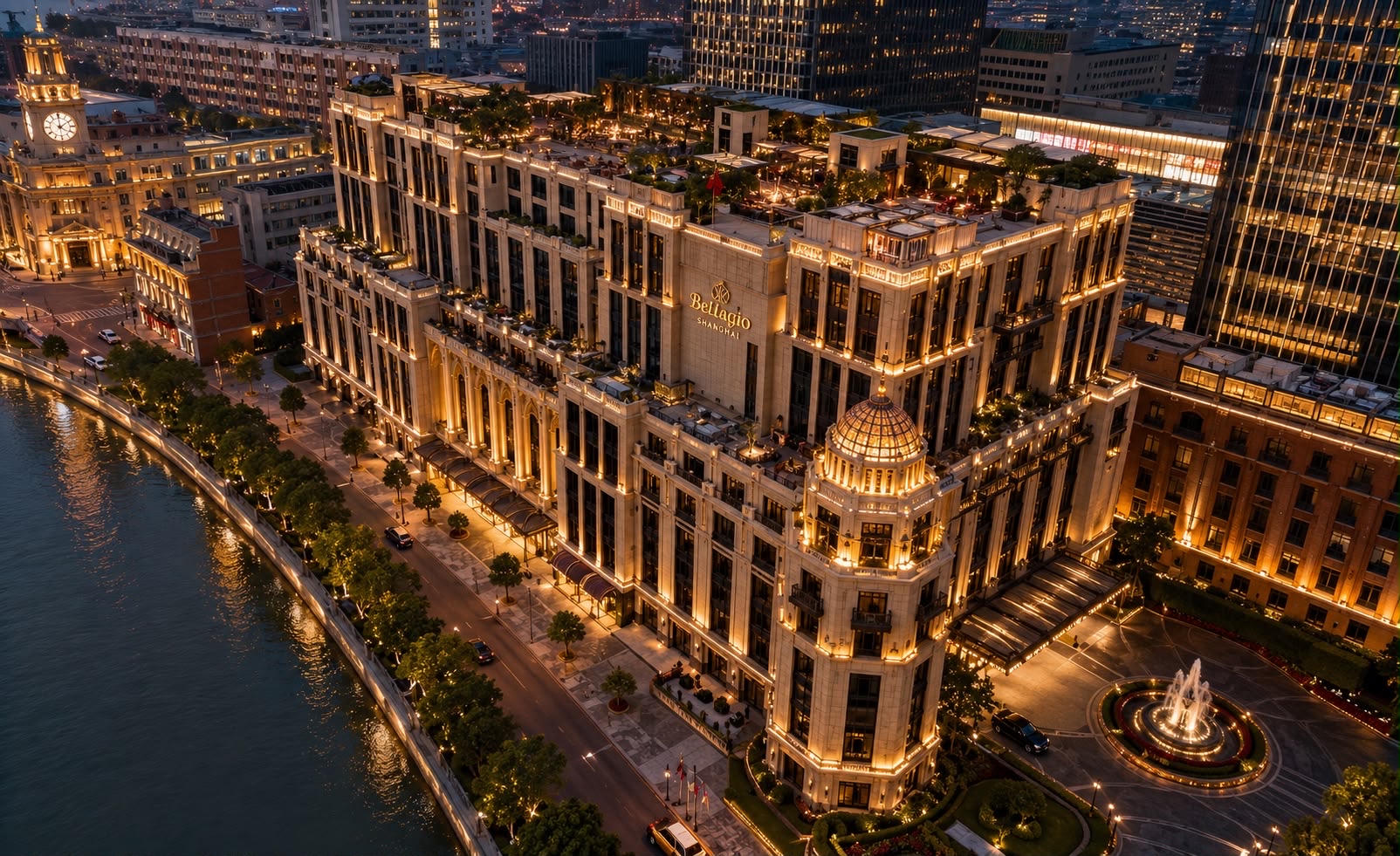 Aerial night view of Bellagio by MGM Shanghai on the North Bund, venue of the USC 2026 Charity Gala Dinner